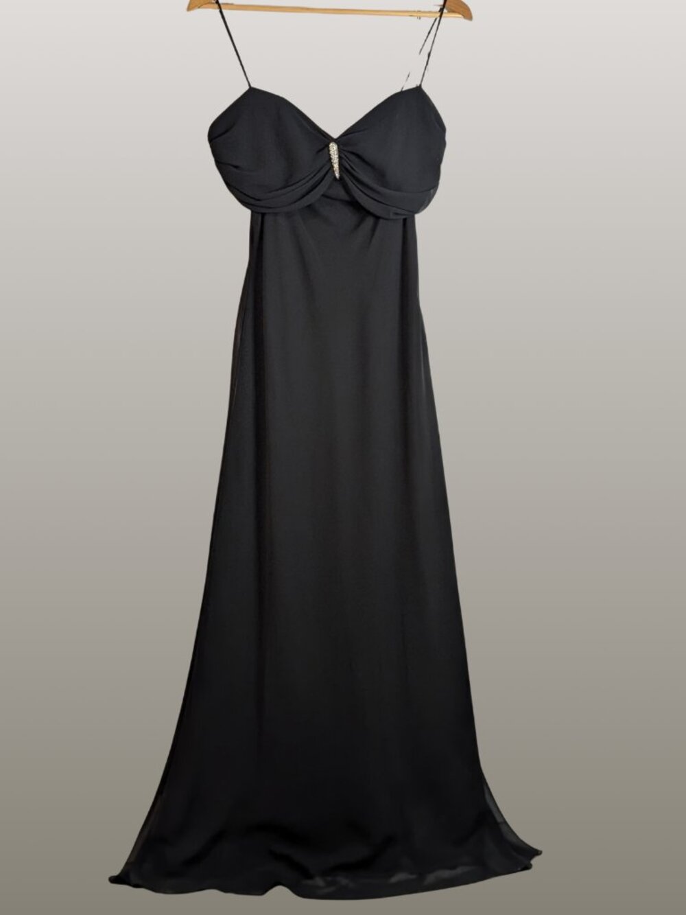 Sweetheart Ruched Empire Chiffon Maxi Gown Black L Rhinestone Formal Vintage Y2K - Picture 3 of 14